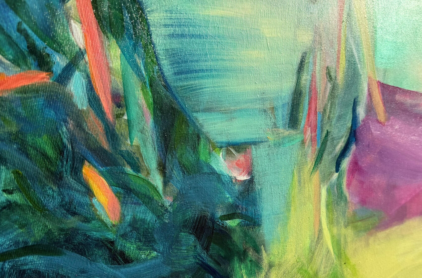 Detail of Resonance showing dark blue-green brushwork, layered paint and fine colour accents.