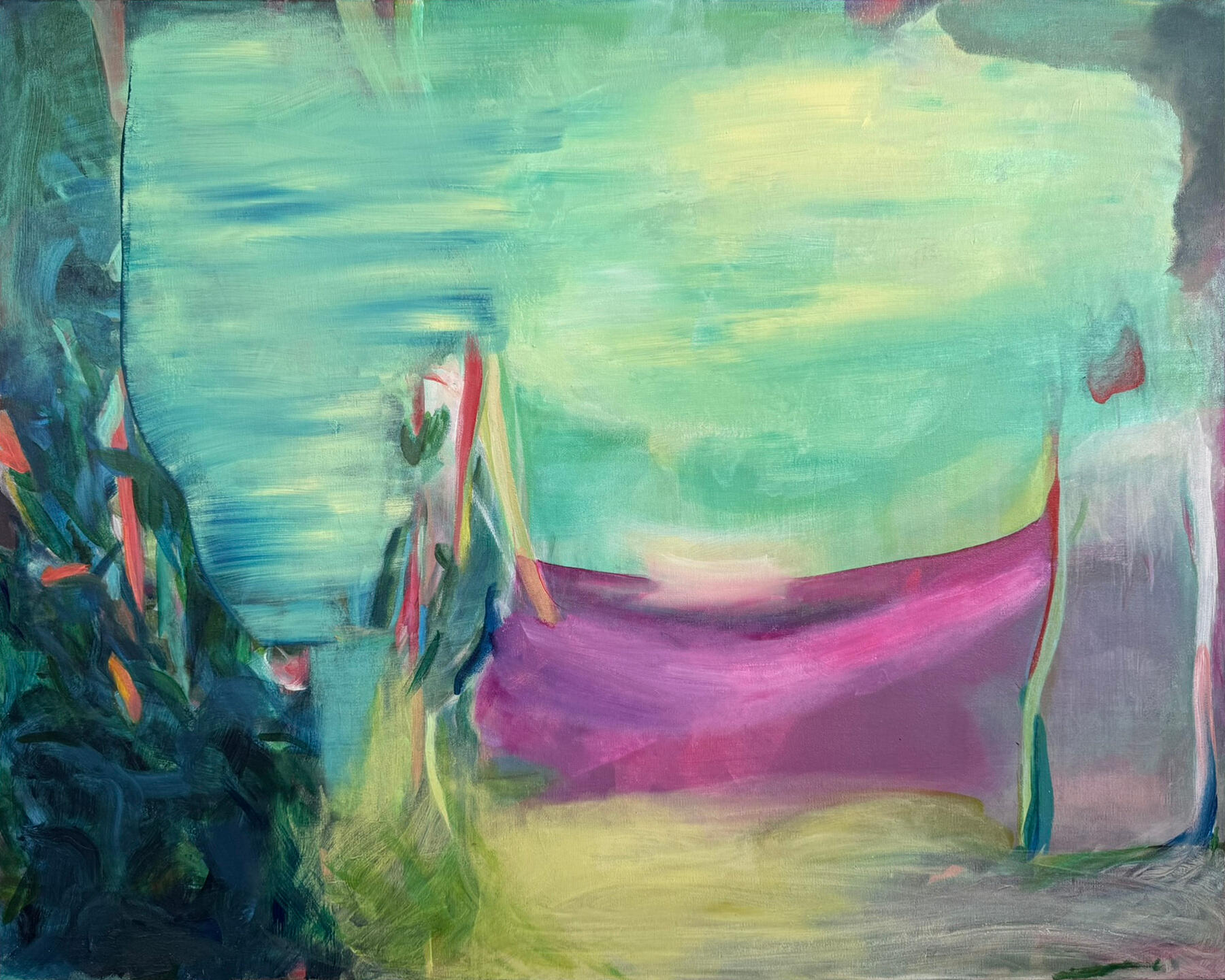 Full view of Resonance by Simone Schweiger, with turquoise-green and violet layers of colour.