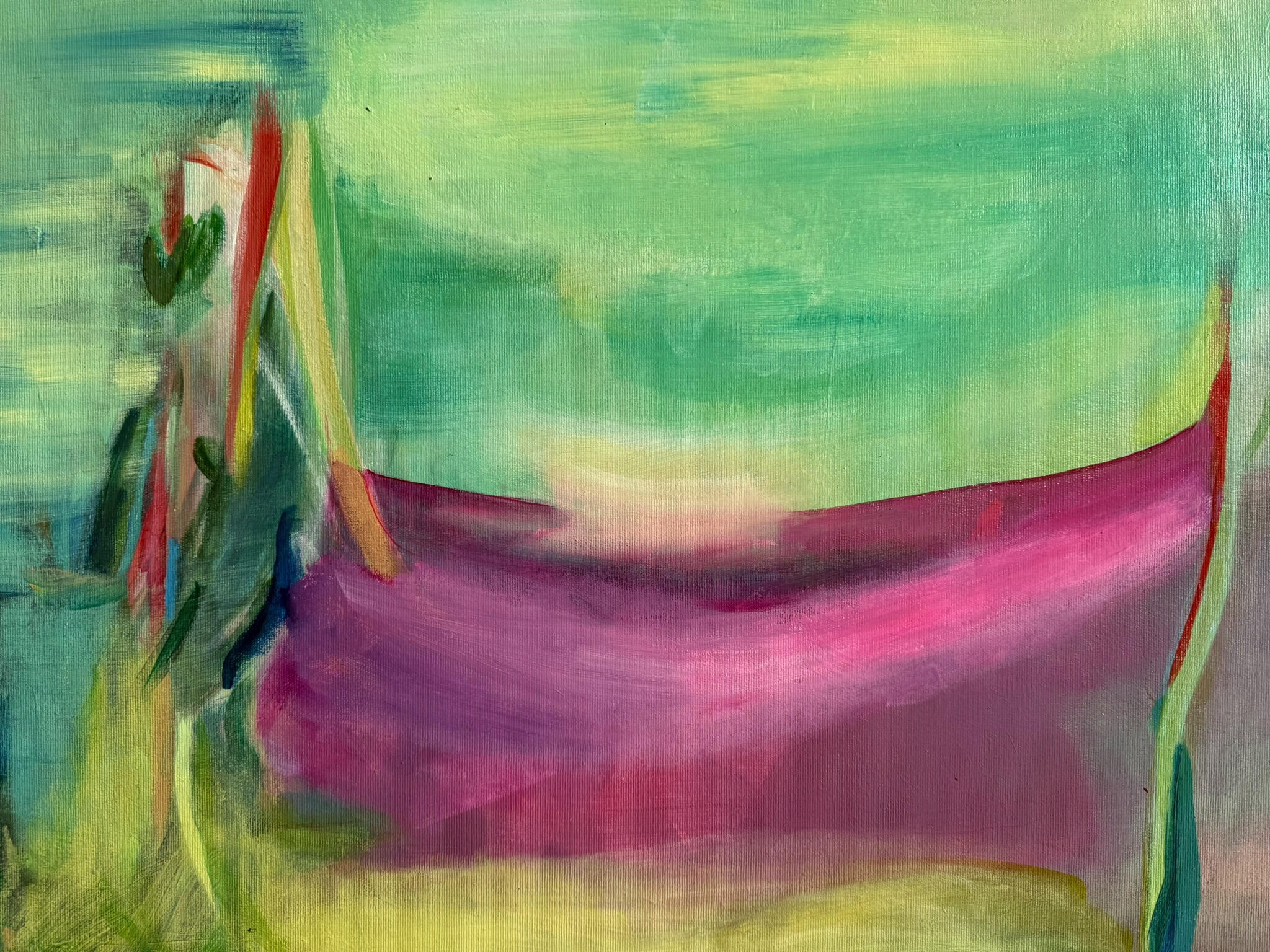 Close-up of turquoise-green, yellow and violet layers in Resonance, with visible canvas texture.