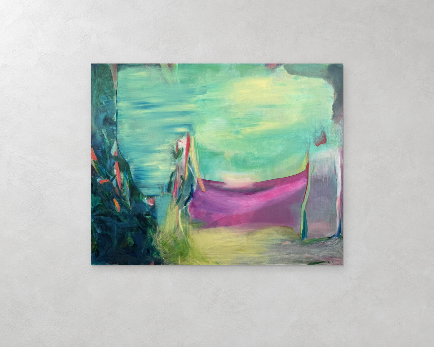 Resonance, 100 × 80 cm, hanging on a pale gallery wall. Wall visualisation.