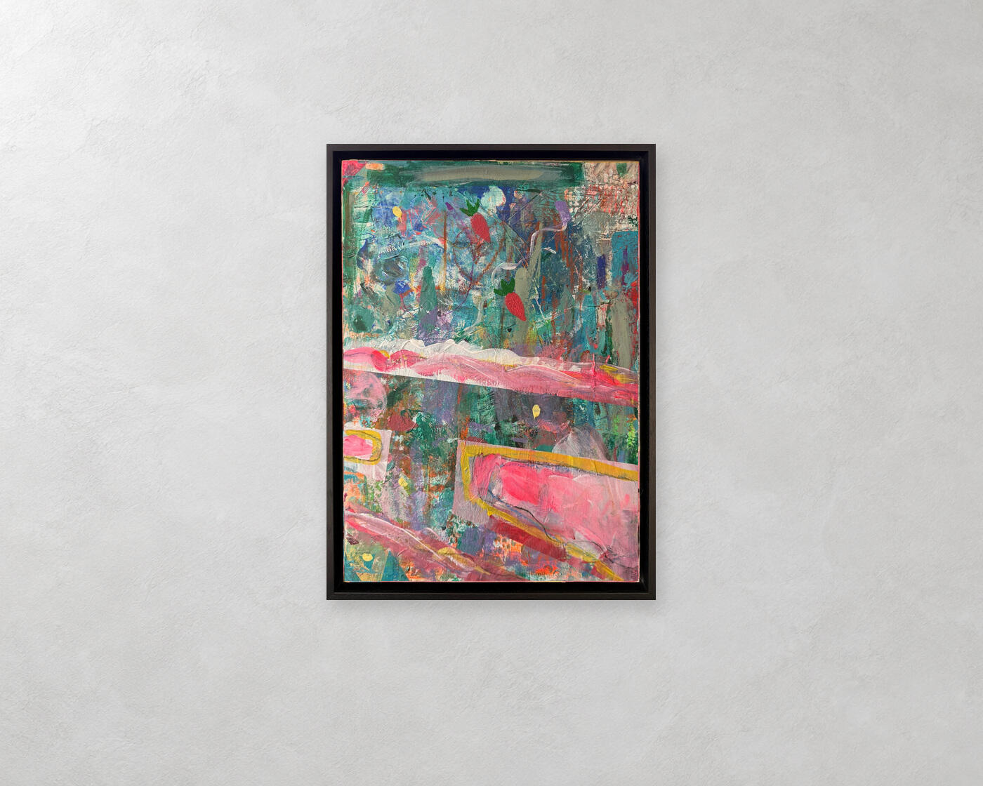Strawberries by Ellen, hanging on a pale wall in a black wooden floating frame. Wall visualisation.