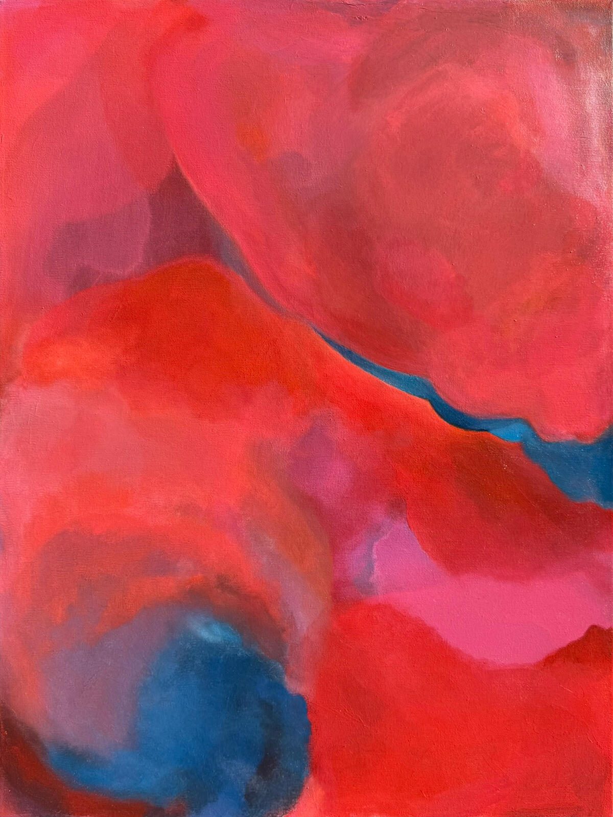 A Space of My Own by Simone Schweiger, an abstract painting in coral red, pink, violet and blue.
