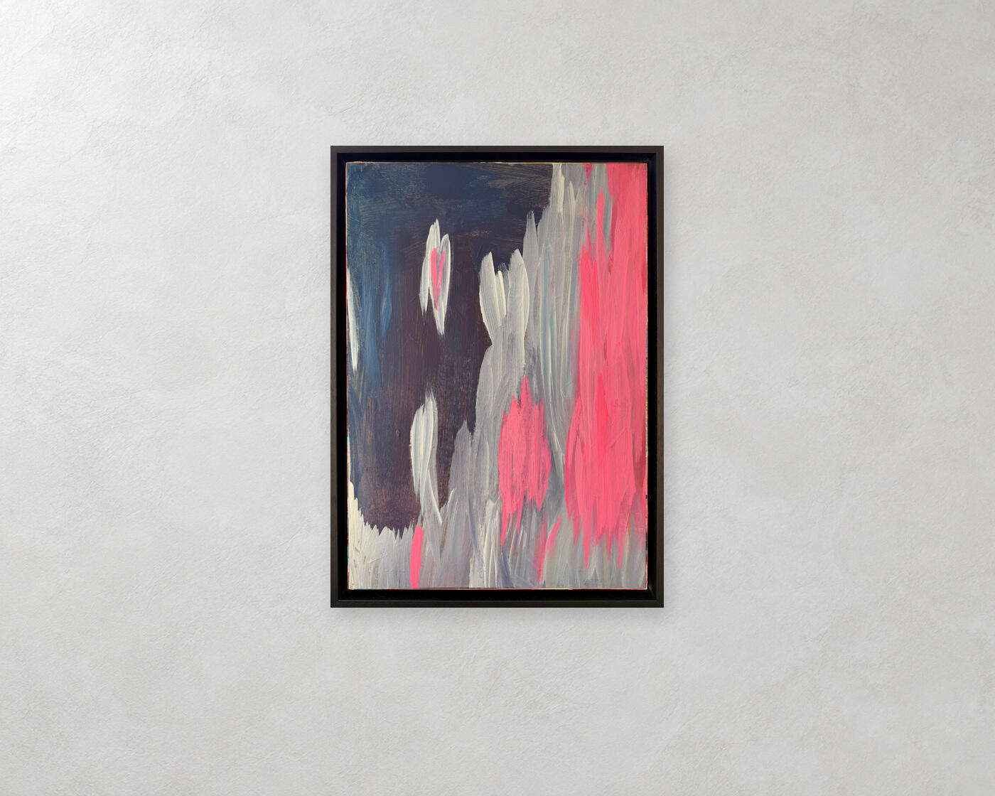 Pink Rain by Ellen, hanging on a pale wall in a black wooden floating frame. Wall visualisation.