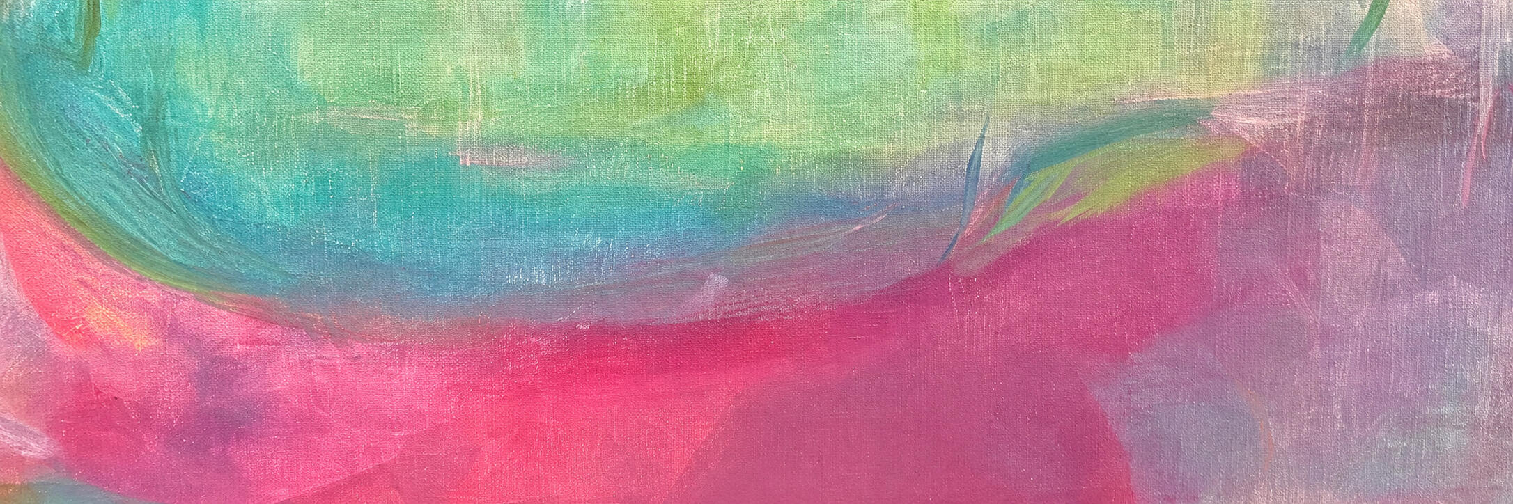 Detail of an abstract painting by Simone Schweiger with turquoise, green, pink and violet layers of colour.